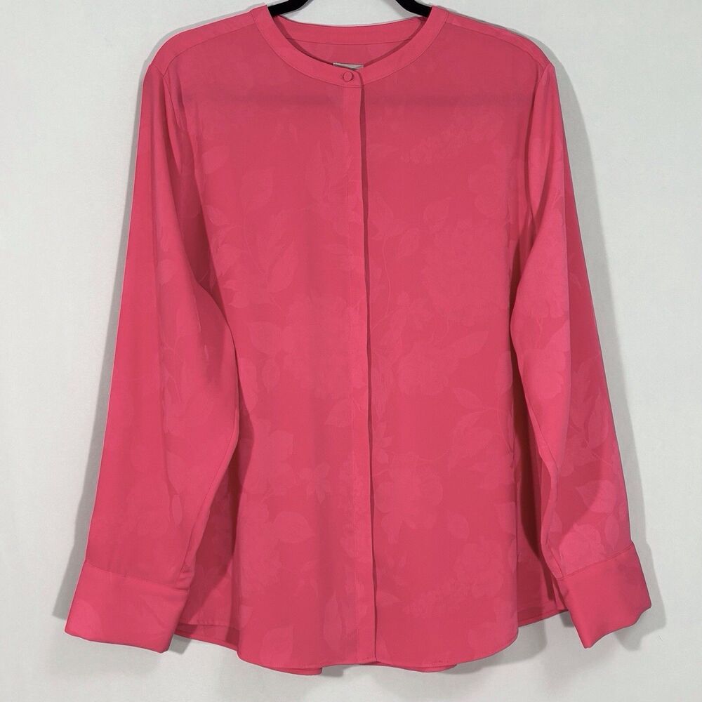 Chicos Size 3 Button Up Blouse Floral Tonal Hot Pink Long Sleeve XL Barbie